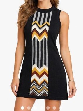 Missoni Black Sleeveless Chevron-Panel Mini Dress with Gold and Brown Accents
